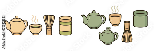 Traditional matcha tea brewing essentials including teapots, steaming cups, whisk, and powder storage containers