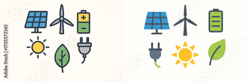 Vibrant collection of icons representing renewable energy sources and sustainable power generation with eco-friendly technology symbols