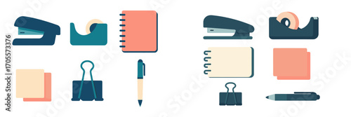Collection of essential office supplies including stapler, tape dispenser, spiral notebook, sticky notes, and pen for desk organization