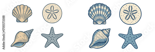 Assortment of marine life elements including scallop shells, conch shells, sand dollars, and starfish with a retro aesthetic