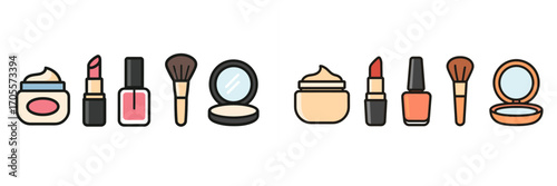 Assortment of essential beauty products and makeup items for daily routine, personal care, and cosmetic application