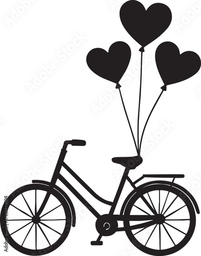 Bicycle with heart shaped balloons silhouette.