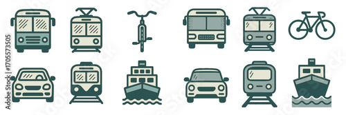 Diverse urban and intercity transportation vehicles including bus, tram, car, bicycle, train, and ship for modern mobility
