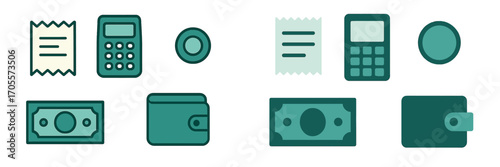 Financial accounting and payment method icons set featuring receipt, calculator, coin, banknote, and wallet in a modern flat design style