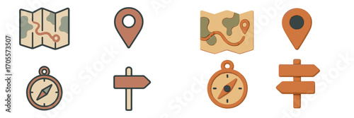 Diverse collection of navigation and travel symbols featuring map, compass, location pin, and signpost