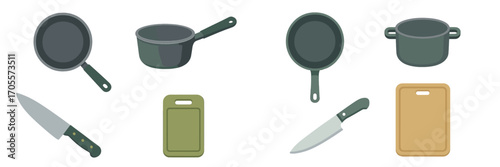 Essential kitchen cooking utensils and preparation tools including frying pans, saucepans, pots, knives, and cutting boards