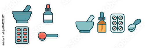 Assortment of pharmacy and medical tools including mortar and pestle, dropper bottles, medication blisters, and measuring spoon