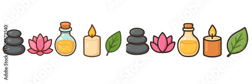 Spa and wellness items with stacked stones, lotus flowers, essential oil bottles, burning candles, and green leaves