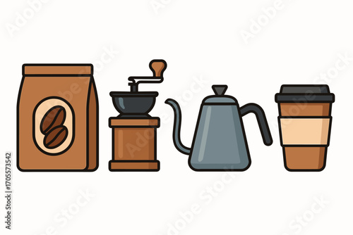 Coffee preparation items including a bag of beans, manual grinder, pour-over kettle, and a disposable cup