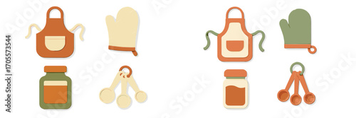 Collection of essential kitchen and baking tools with aprons, oven mitts, spice jars, and measuring spoons