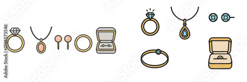 Elegant jewelry collection with diamond rings, gemstone necklaces, stud earrings, and a ring box