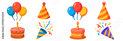 Colorful party celebration elements with balloons, birthday cake, lit candle, festive hats, and confetti poppers