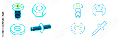 Isometric hardware components set including various screws nuts washers and rivets for construction and repair projects