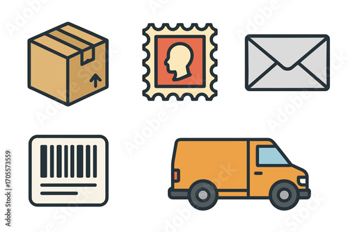 Mail and shipping logistics icons set with cardboard box, postage stamp, envelope, barcode, and delivery van