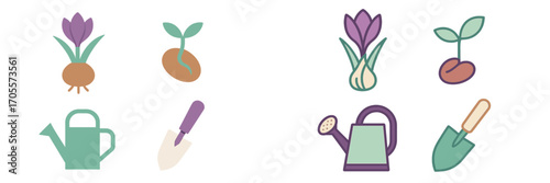 Set of gardening tools and plant growth stages including crocus bulb, sprouting seed, watering can, and hand trowel