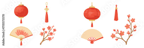 Traditional Chinese New Year elements with red lanterns, decorative tassels, folding fan, and cherry blossom branches