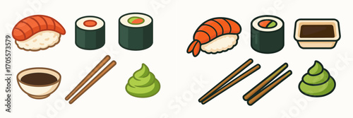 Assortment of Japanese sushi pieces including shrimp nigiri and maki rolls, served with soy sauce, wasabi, and chopsticks
