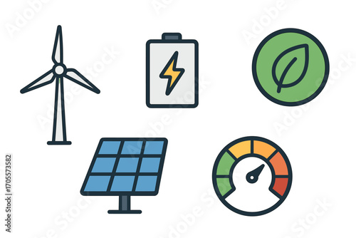 Modern flat design icons representing renewable energy, green technology, environmental protection, and sustainable development concepts