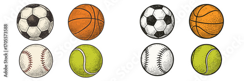 Collection of classic sports balls in vintage engraved style including soccer, basketball, baseball, and tennis