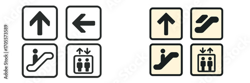 Essential public facility navigation icons including directional arrows, escalator, and elevator symbols for modern wayfinding