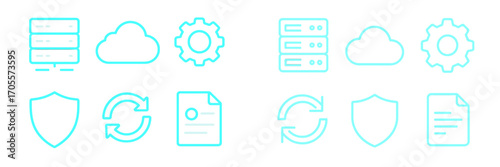 Collection of technology and data management icons including server, cloud, settings, security, and file operations
