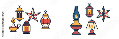 Assortment of classic oil lamps, ornate decorative lanterns, and bright shining stars providing warm illumination