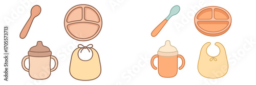 Cute pastel style baby feeding essentials with spoons, plates, bottles, and bibs for infants and toddlers