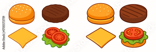 Delicious hamburger ingredients set with fresh bun, grilled patty, cheese, crisp lettuce, and juicy tomato slices