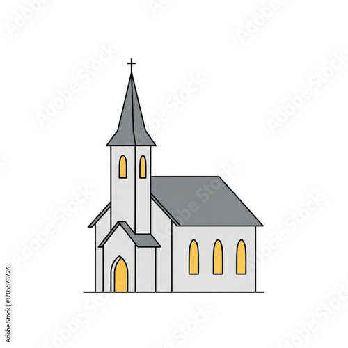 Simple Line Drawing of a White Church Building with a Steeple.