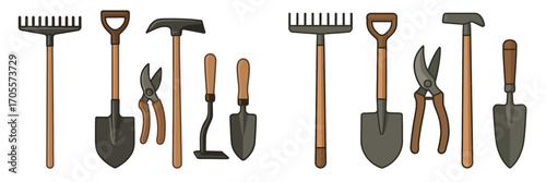 Essential gardening tools set featuring rakes, shovels, trowels, hoes, and pruning shears for outdoor cultivation