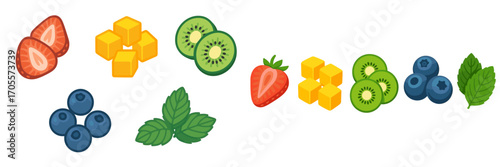 Bright and colorful arrangement of ripe strawberries, juicy blueberries, sliced kiwi, sweet mango cubes, and fragrant mint leaves