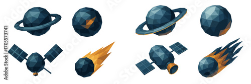 Stylized low poly space objects collection featuring planets with rings, satellites, and comets