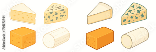 Assortment of various cheese types including soft, hard, and blue cheeses in different shapes and colors for food concepts and dairy products