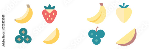 Collection of fresh fruit icons including bananas strawberries blueberries and melon slices in a flat design style
