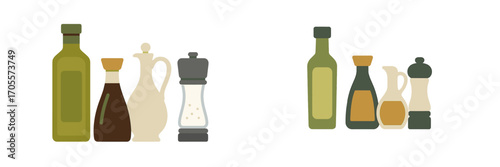 Assortment of kitchen condiments including olive oil, balsamic vinegar, salt, and pepper shakers for cooking preparation