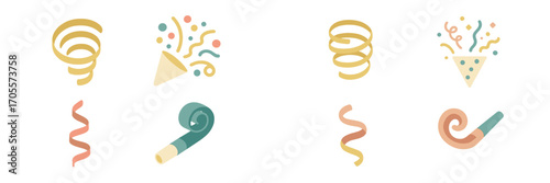 Vibrant collection of party celebration elements featuring curling streamers confetti poppers and festive blowers