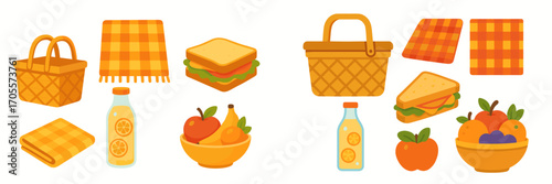 Picnic essentials collection with baskets, checkered blankets, sandwiches, juice, and fresh fruit for outdoor dining
