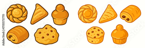 Assortment of delicious golden baked goods and sweet pastries including croissants, muffins, and cookies