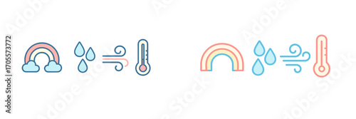 Set of colorful weather condition symbols including rainbow, raindrops, wind, and thermometer for climate representation