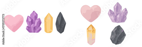 Collection of colorful healing crystals and a pink heart gemstone for spiritual, magical, and wellness themes