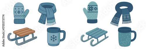 Set of warm winter clothing accessories and outdoor recreational equipment for cold weather and snowy activities