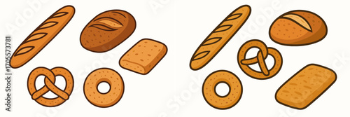 Delicious assortment of freshly baked bread, including baguettes, round loaves, pretzels, and bagels, perfect for breakfast or snack