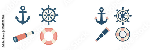 Collection of nautical marine symbols and sea travel elements including anchor, ship wheel, telescope, and lifebuoy