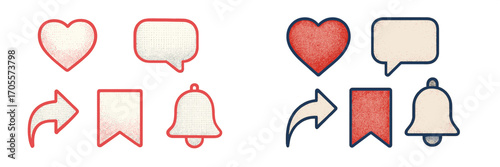 Essential social media interface icons featuring like comment share save and notification symbols with textured style