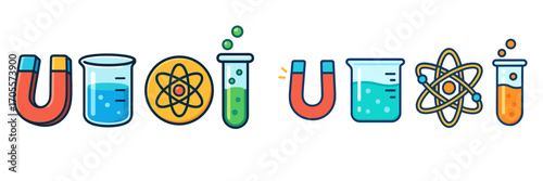 Collection of science and laboratory icons including magnets, beakers, test tubes, and atom symbols for education and research