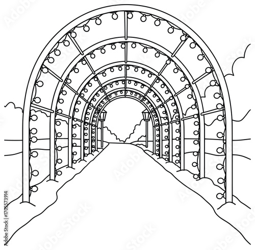 Christmas lights illustration of a glowing tunnel made from festive arches decorated with string bulbs creating a bright pathway for holiday celebrations and seasonal joy