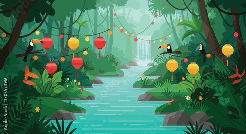 Colorful Toucans Perched on Branches Amidst Festive Lanterns in Jungle Scene