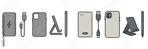 Modern electronic devices and accessories set including smartphones, power bank, cables, and stylus pens