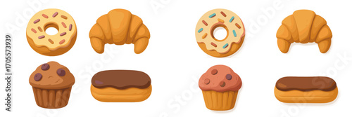 Collection of delicious baked goods and sweet pastries including donuts croissants muffins and eclairs