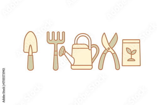 Essential gardening tools collection featuring a shovel, rake, watering can, pruning shears, and seed packet